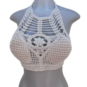 Rebellion Again Crop Top Women's Medium Ecru Crochet Macrame Halter Tie Boho